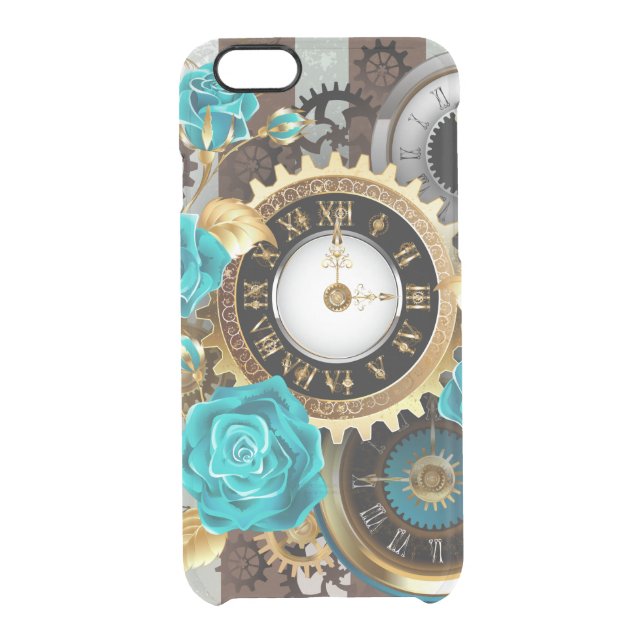 Steampunk Clock and Turquoise Roses on Striped Uncommon iPhone Case (Back)