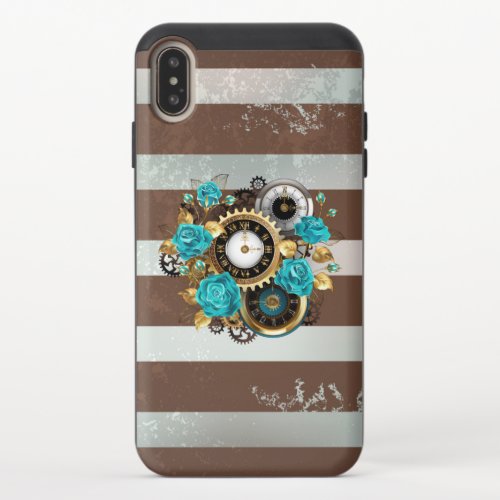 Steampunk Clock and Turquoise Roses on Striped iPhone XS Max Slider Case