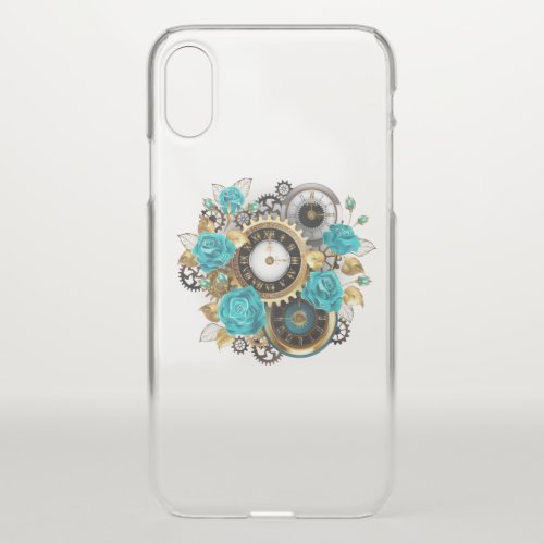 Steampunk Clock and Turquoise Roses on Striped iPhone X Case