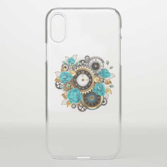 Steampunk Clock and Turquoise Roses on Striped Uncommon iPhone Case (Back)