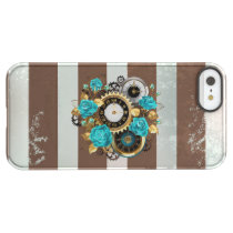 Steampunk Clock and Turquoise Roses on Striped Permafrost iPhone SE/5/5s Case