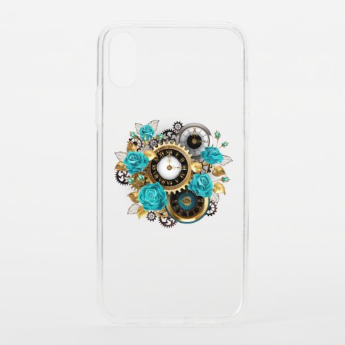 Steampunk Clock and Turquoise Roses on Striped iPhone XS Case