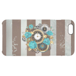 Steampunk Clock and Turquoise Roses on Striped Clear iPhone 6 Plus Case