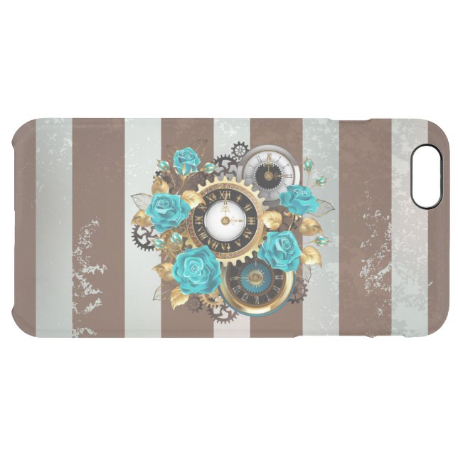 Steampunk Clock and Turquoise Roses on Striped Uncommon iPhone Case (Back Horizontal)