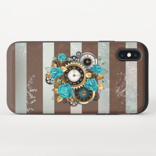 Steampunk Clock and Turquoise Roses on Striped iPhone X Slider Case