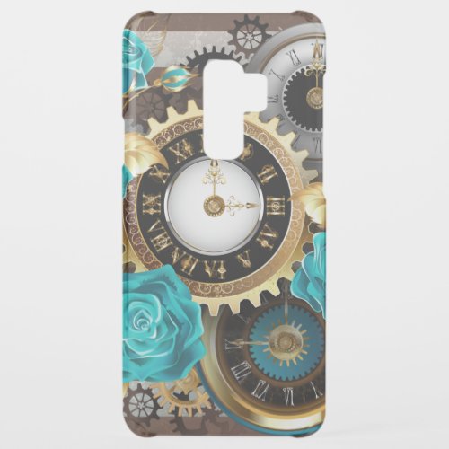 Steampunk Clock and Turquoise Roses on Striped Uncommon Samsung Galaxy S9 Plus Case