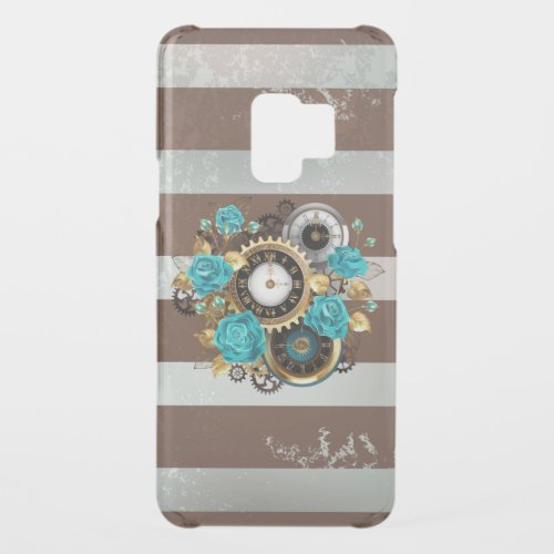 Steampunk Clock and Turquoise Roses on Striped Uncommon Samsung Galaxy S9 Case