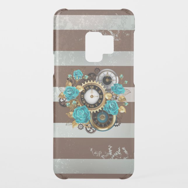 Steampunk Clock and Turquoise Roses on Striped Uncommon Samsung Galaxy Case (Back)
