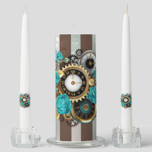 Steampunk Clock and Turquoise Roses on Striped Unity Candle Set