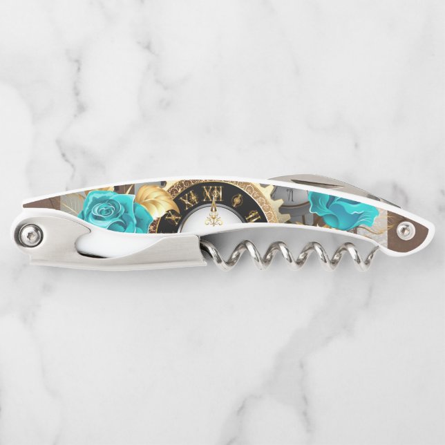 Steampunk Clock and Turquoise Roses on Striped Waiter's Corkscrew (Front)