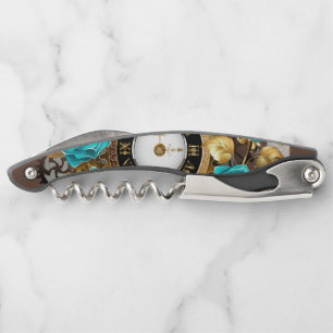 Steampunk Clock and Turquoise Roses on Striped Waiter's Corkscrew