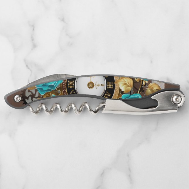 Steampunk Clock and Turquoise Roses on Striped Waiter's Corkscrew (Back)