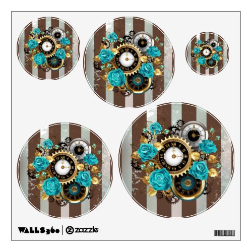 Steampunk Clock and Turquoise Roses on Striped Wall Decal