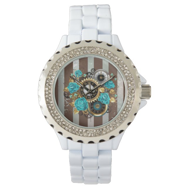 Steampunk Clock and Turquoise Roses on Striped Watch (Front)