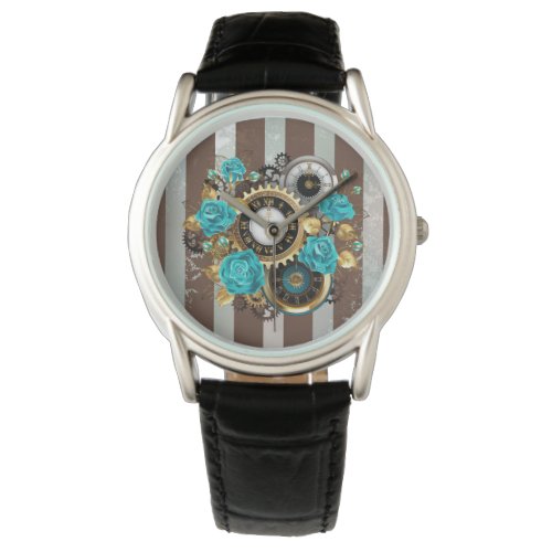 Steampunk Clock and Turquoise Roses on Striped Watch