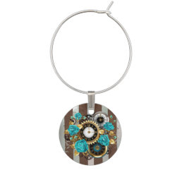 Steampunk Clock and Turquoise Roses on Striped Wine Charm