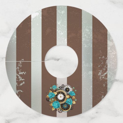 Steampunk Clock and Turquoise Roses on Striped Wine Glass Tag