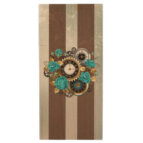 Steampunk Clock and Turquoise Roses on Striped Wood Flash Drive