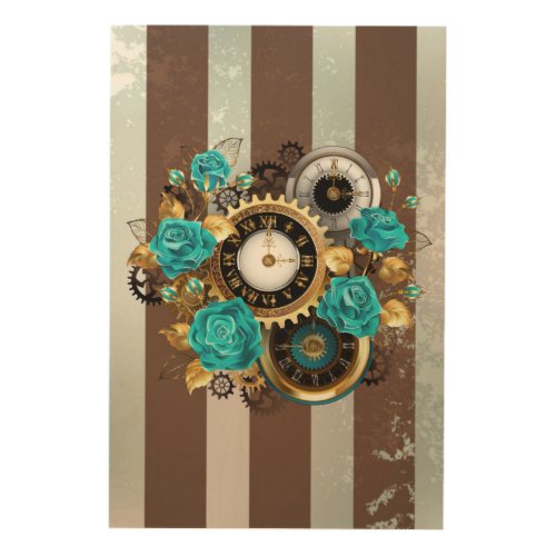 Steampunk Clock and Turquoise Roses on Striped Wood Wall Art