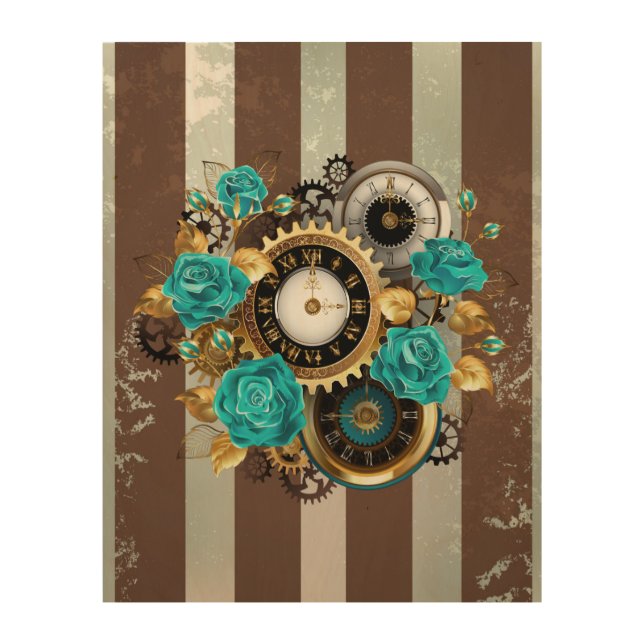 Steampunk Clock and Turquoise Roses on Striped Wood Wall Art (Front)