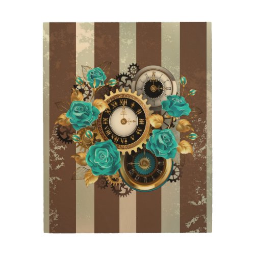 Steampunk Clock and Turquoise Roses on Striped Wood Wall Art