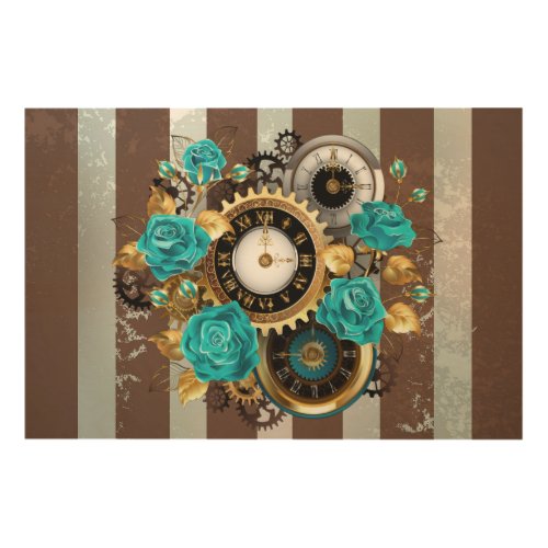 Steampunk Clock and Turquoise Roses on Striped Wood Wall Art