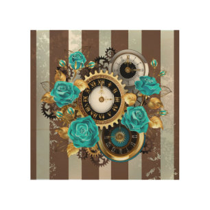 Steampunk Clock and Turquoise Roses on Striped Wood Wall Art