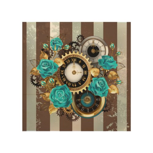 Steampunk Clock and Turquoise Roses on Striped Wood Wall Art