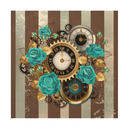 Steampunk Clock and Turquoise Roses on Striped Wood Wall Art