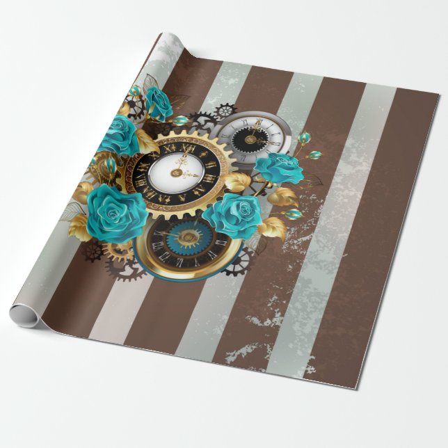 Steampunk Clock and Turquoise Roses on Striped Wrapping Paper (Unrolled)