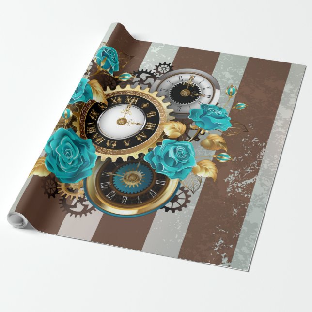 Steampunk Clock and Turquoise Roses on Striped Wrapping Paper (Unrolled)