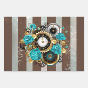 Steampunk Clock and Turquoise Roses on Striped Wrapping Paper Sheets