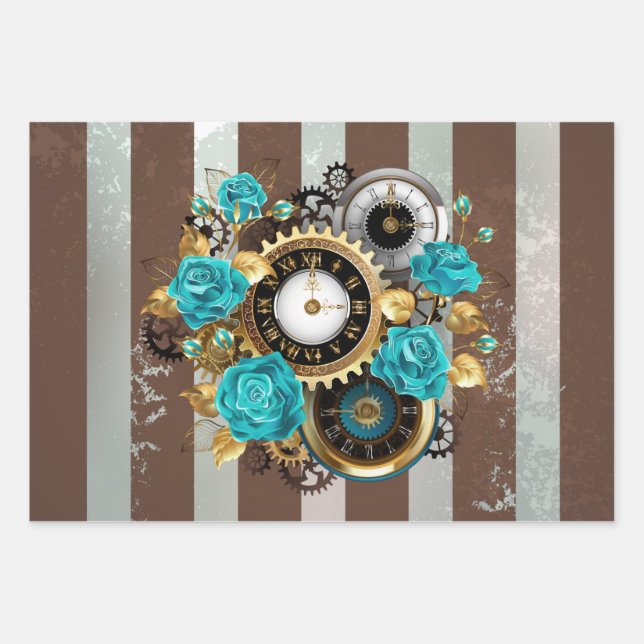 Steampunk Clock and Turquoise Roses on Striped Wrapping Paper Sheets (Front)