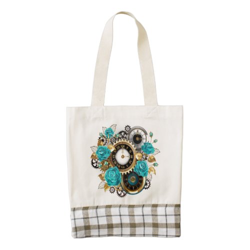 Steampunk Clock and Turquoise Roses on Striped Zazzle HEART Tote Bag