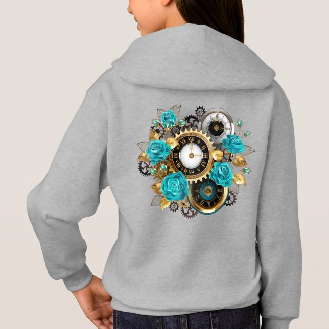 Steampunk Clock and Turquoise Roses on StriT-Shirt Hoodie (Back)