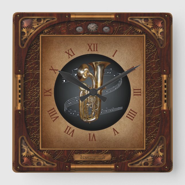 Steampunk Clock~Doublophone~Double Bell Euphonium~ Square Wall Clock (Front)