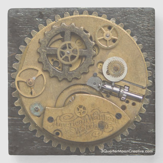 Steampunk Clock Drink Coaster, SciFi Stone Coaster (Front)