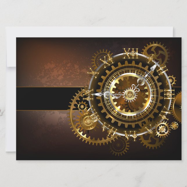 Steampunk clock with antique gears announcement (Front)