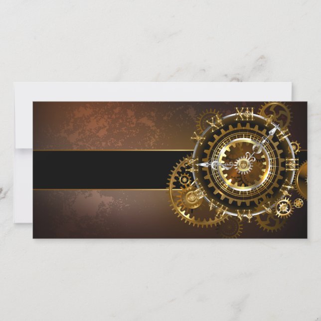 Steampunk clock with antique gears announcement (Front)