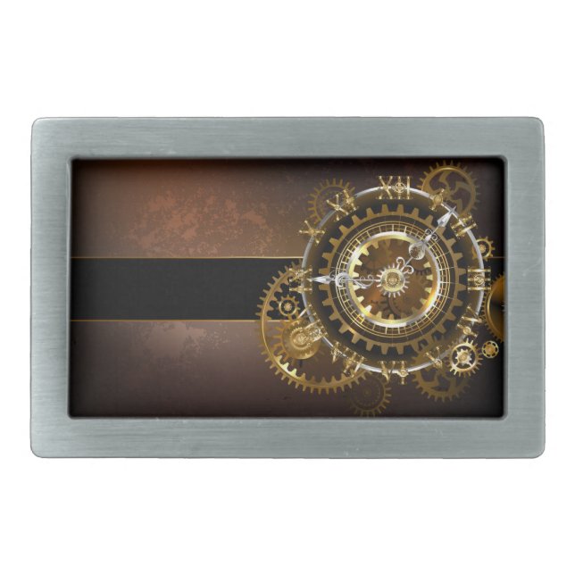 Steampunk clock with antique gears belt buckle (Front)