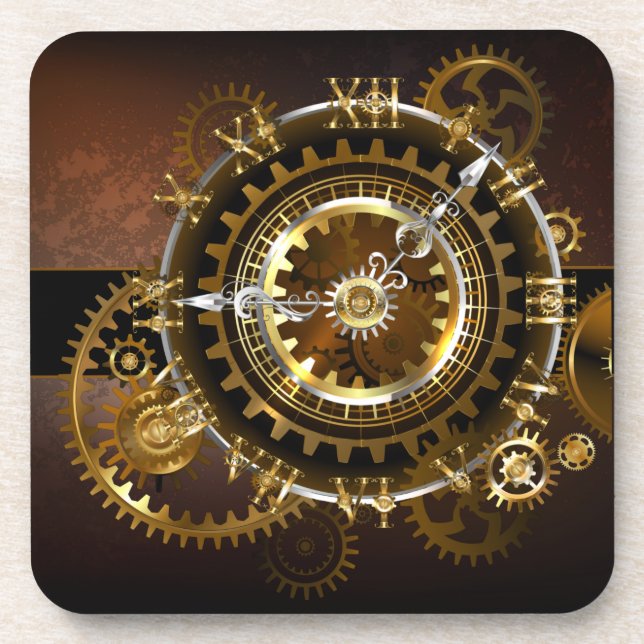 Steampunk clock with antique gears beverage coaster (Front)