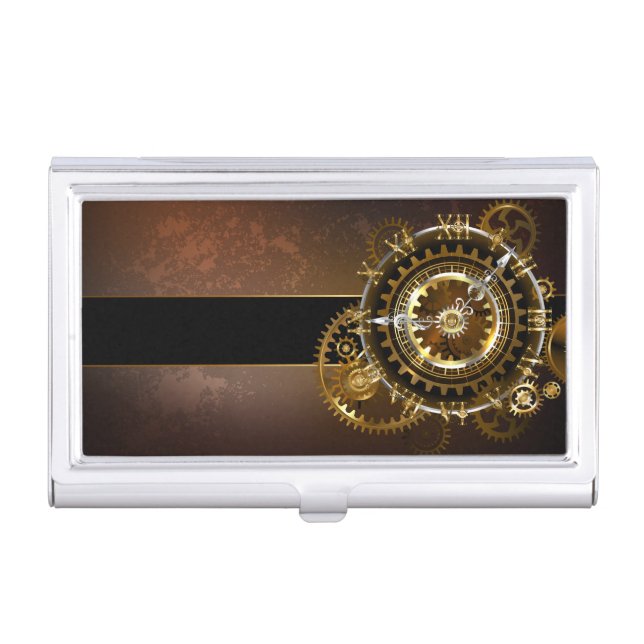 Steampunk clock with antique gears business card case (Front)