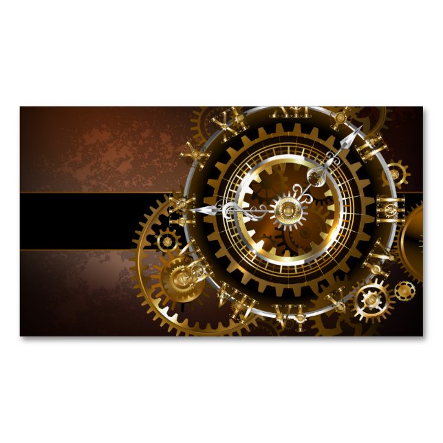 Steampunk clock with antique gears business card magnet (Front)