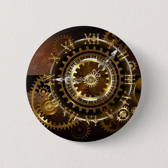Steampunk clock with antique gears button (Front)