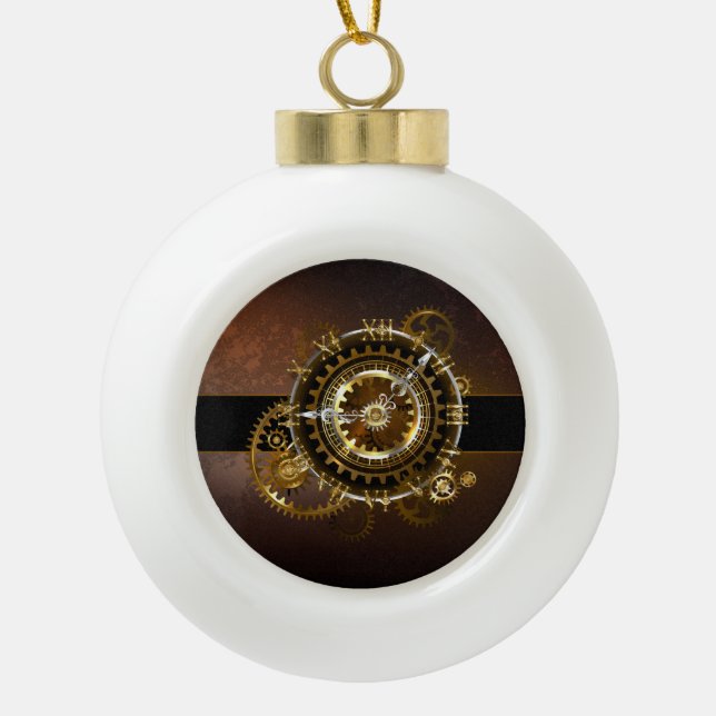 Steampunk clock with antique gears ceramic ball christmas ornament (Front)