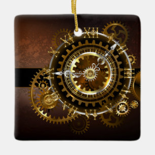 Steampunk clock with antique gears ceramic ornament