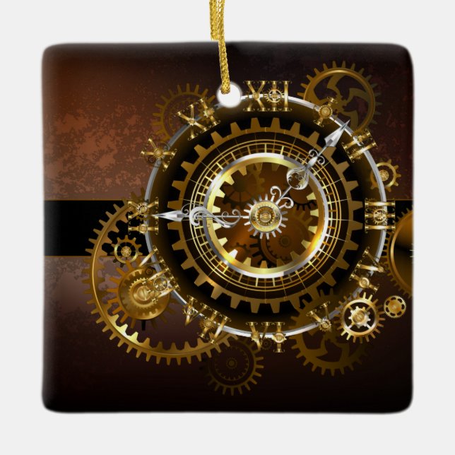 Steampunk clock with antique gears ceramic ornament (Front)