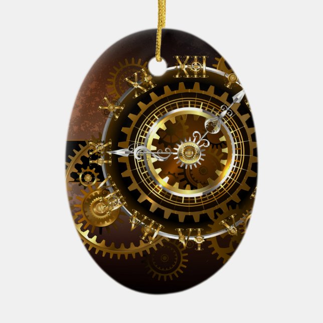 Steampunk clock with antique gears ceramic ornament (Front)