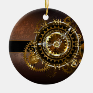 Steampunk clock with antique gears ceramic ornament
