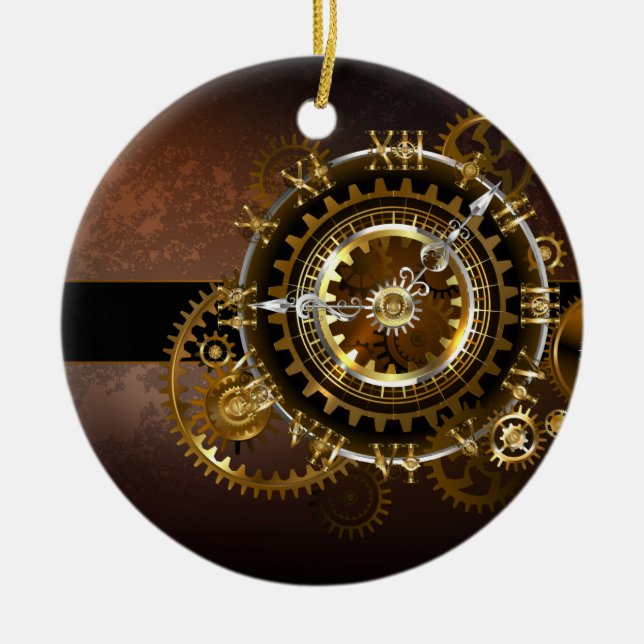 Steampunk clock with antique gears ceramic ornament (Front)